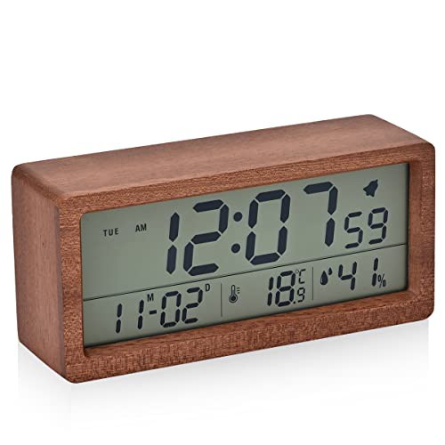 デジタル目覚まし時計 電池式 木製置き時計 LCD き湿度と温度検出電子時計 持ち運びが容易、寝室、ベッドサイドテーブル、机、オフィス、子供、家族に適しています (ブラウン)の通販は