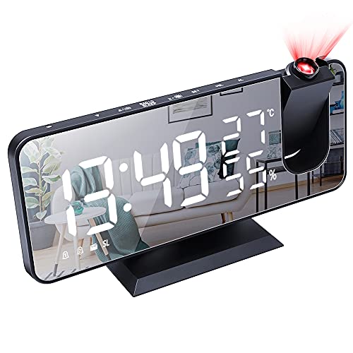 CANEOV 目覚まし時計 180°回転投影 非電波 置き時計 クリスマスプレゼント スヌーズ FMラジオ ミラー 携帯充電 おきどけい おしゃれ LEDデジタル 時計 アラームクロック 温度湿度計 カレンダー 記憶機能 USB給電式 イの通販は目覚まし時計