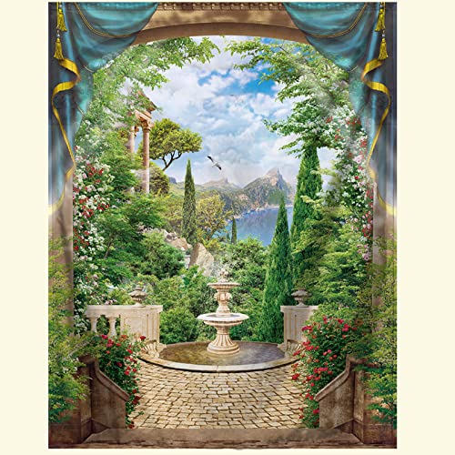 東宝 タペストリー バルコニー風景 北欧風庭園 噴水 ローズ 植物 自然