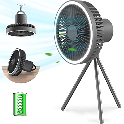 【オシャレで高性能＆10000mAh】 キャンプ扇風機 充電式扇風機 アウトドア扇風機 3脚 コードレス 静音 切タイマー 風量3段階調節 LEDライト Type-C充電式 上下風向調節 吊り下げ 大風量 小型 卓上 キャンプ リビング