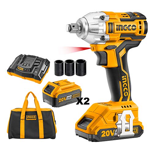 INGCO 電動インパクトレンチ 20V 充電式 コードレス 正逆転両用 2段変速 最大トルク300N・m 過電流保護 過電圧保護 過熱保護 充放電保護 LEDライト 17/19/21インパクトソケット 電池2本 急速充電器1本 収納用キの通販は