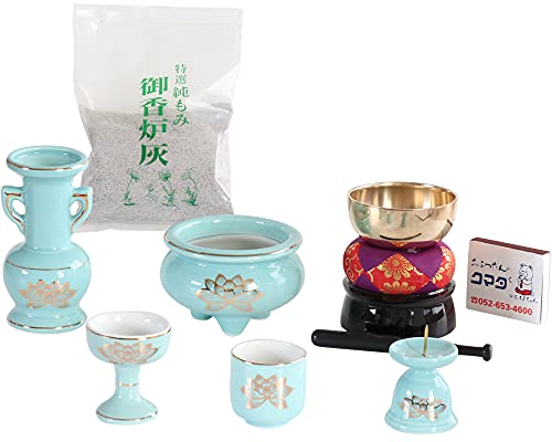 仏具セット 青磁 金蓮 陶器 5点+おりんセット 香炉灰・マッチ付 モダンミニ仏壇用の通販は 9,300円