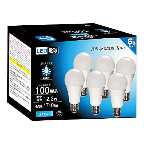 LED電球 口金直径26mm 100W形相当 白色 6000K 1710ルーメン 広配光 密閉器具対応 高輝度 断熱材施工器具対応 省エネ PSE認証済み 6個パック (昼光色)の通販は