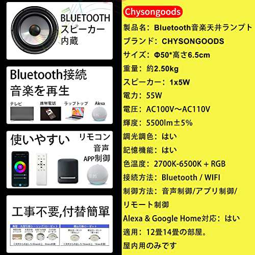 CHYSONGOODS シーリングライト 10 12畳 5500lm 内蔵のBluetooth