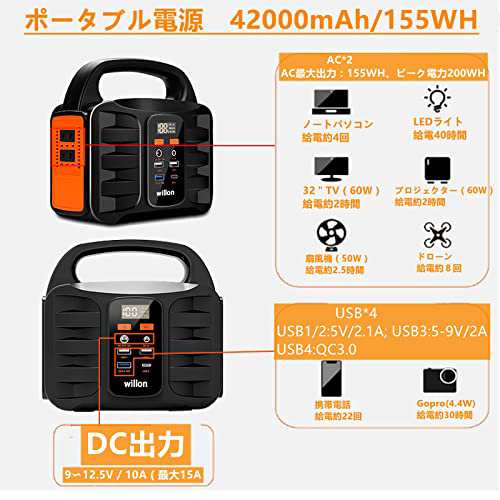 Willon ポータブル電源 ライト付き 42000mAh/155Wh ボータブル