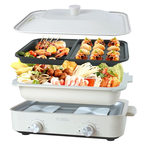 ECL ホットプレート 焼肉プレート グリル鍋 1200W セパレートホットプレート 夫々温度調整 グリルプレート/深鍋プレート/たこ焼きプレート付き 蓋付き 1台多役 お手入れ簡単 コンパクト 焼き魚 ステーキ 鍋 結婚祝い 家電