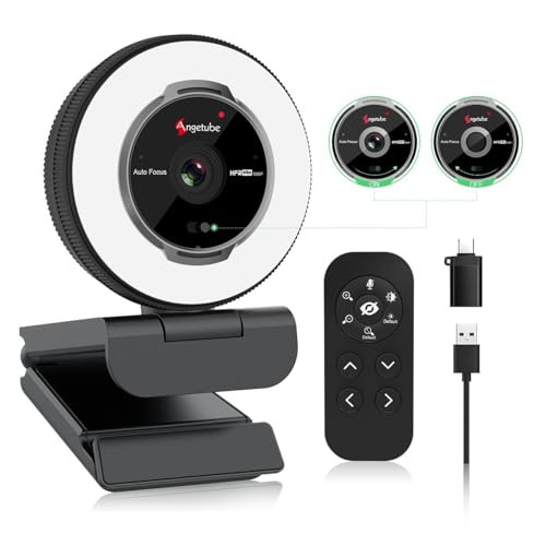 Angetube 1080P 60FPSウェブカメラ（リングライト付き）：マイクとリモコン付きのストリーミングUSBウェブカメラ - 5倍デジタルズーム内蔵のHDウェブカメラ、プライバシーカバー付き、PC|コンピュータ|ラップトップ|Maの通販は