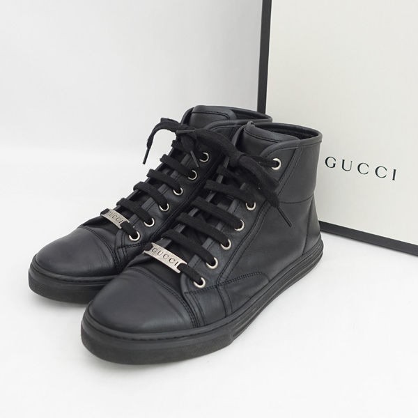 GUCCI / グッチ ◆レザー ミドルカットスニーカー ロゴプレート ブラック 423299 【レディース/女性】【靴/シューズ】【中古】