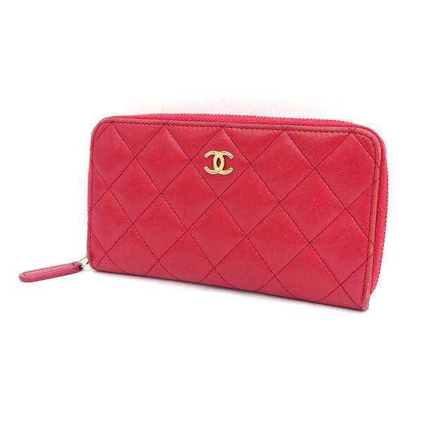 CHANEL / シャネル ◆ラムスキン ラウンドファスナー財布 レッド コンパクト ブランド【財布/ウォレット/wallet】【中古】