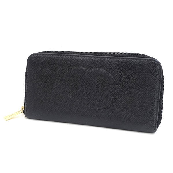 CHANEL / シャネル ◆キャビアスキン ココ ラウンドファスナー ブラック ブランド【財布/ウォレット/wallet/コイン】【中古】