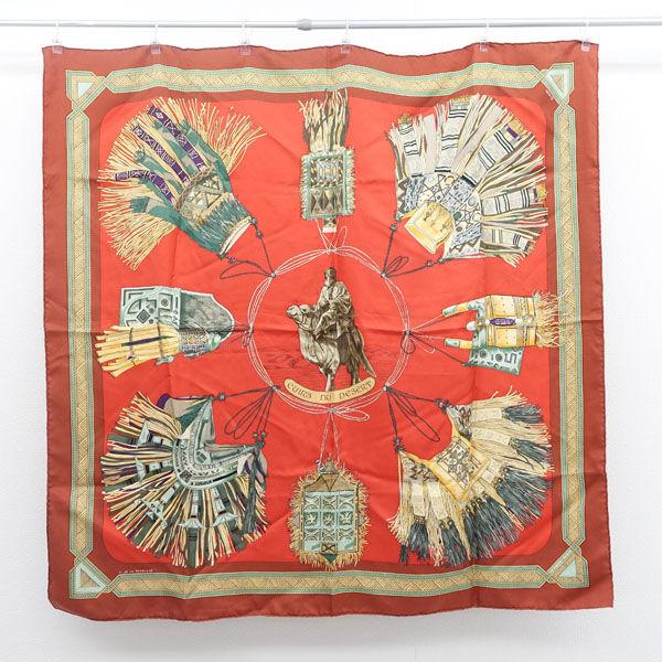 HERMES / エルメス ◆カレ90 スカーフ cuirs du desert シルク レッド系 砂漠の革飾り ブランド【レディース/女性】 【中古】