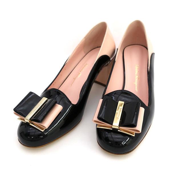 Salvatore Ferragamo / サルヴァトーレフェラガモ ◆ヴァラ リボン ローファー ピンク ブラック 22.5cm 【靴/シューズ】【中古】