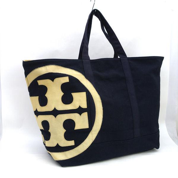 TORY BURCH / トリーバーチ ◆デカロゴ トートバッグ キャンバス 大容量 ネイビー ブランド【バッグ/バック/BAG/鞄】【中古】