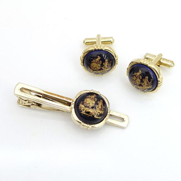 LIMOGES / リモージュ ■ネクタイピン カフス セット ゴールドカラー ネイビー ブランド【中古】