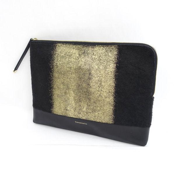 TIFFANY&Co. / ティファニー ■ハラコ ポーチ クラッチ バッグ ブラック ゴールド レザー ブランド 【中古】