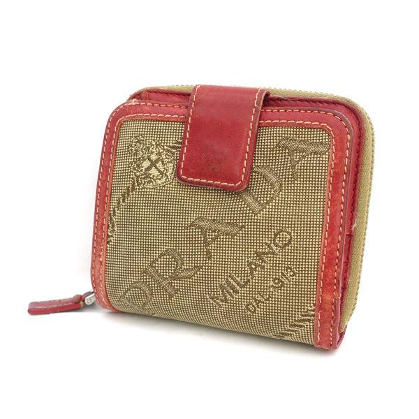 PRADA / プラダ ■コンパクト　二つ折り財布　ラウンドファスナー　ジャガード　ブラウン　レッド ブランド 【中古】