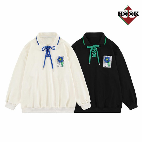 HOOK 編み上げ花モチーフ付きポロシャツ風スウェット ユニセックス / ファッション メンズアパレル トップス スウェット・パーカーの通販は