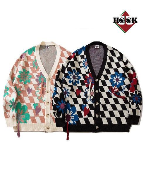 HOOK -original- ブロックチェック花模様フリンジカーディガン メンズ レディース お花 ニット / ファッション メンズアパレル トップスの通販は