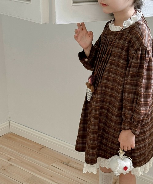 aimoha KIDS チェック柄ワンピース キッズ 長袖 女の子 綿 フリル ワンピース / ファッション ベビー・キッズ ワンピース・ドレスの通販は