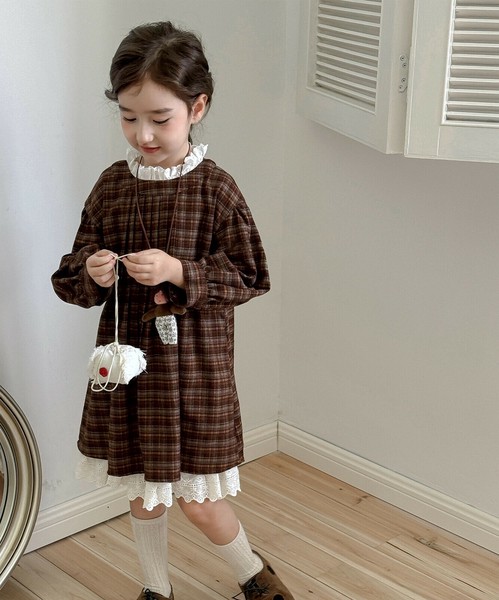 aimoha KIDS チェック柄ワンピース キッズ 長袖 女の子 綿 フリル ワンピース / ファッション ベビー・キッズ ワンピース・ドレスの通販は