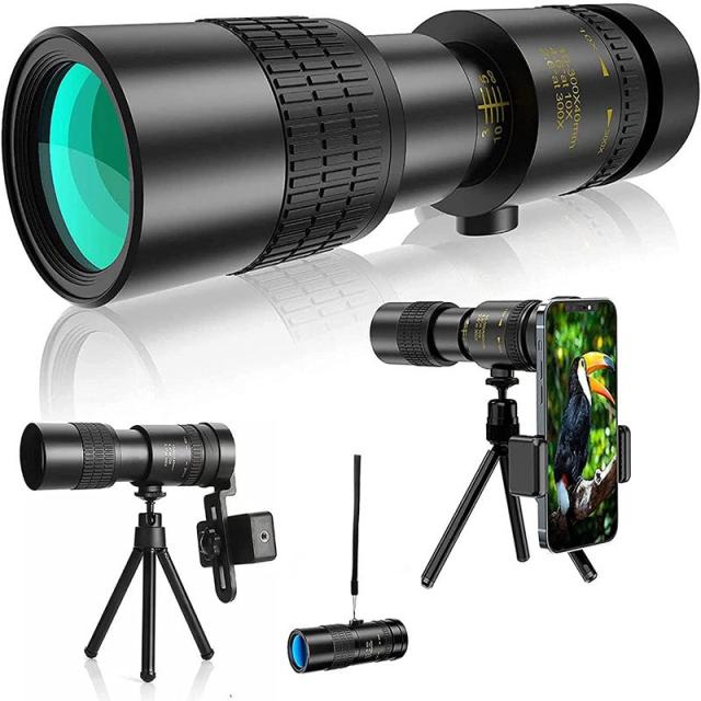 単眼鏡 望遠鏡 10-300x40軍用望遠鏡-4K 高倍率 ズーム式 高解像度 高透過率 手ぶれ防止用 三脚付き 防水霧 耐衝撃望遠鏡