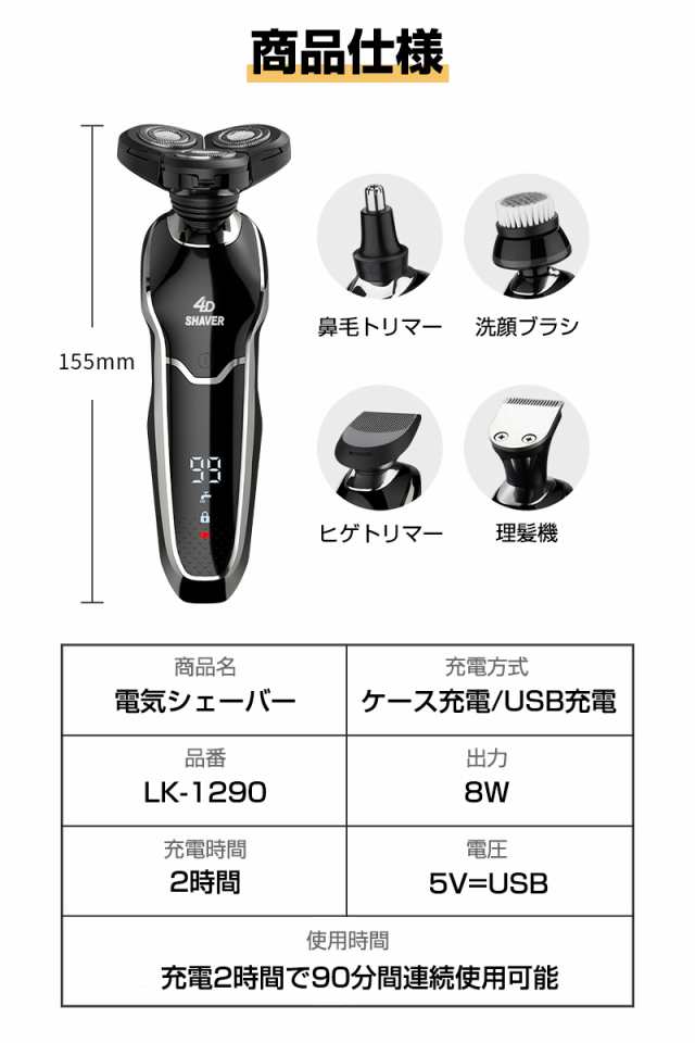 髭剃り 電気シェーバー メンズ 1台2役 回転式 ６枚刃 防水 USB充電式