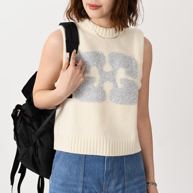 GANNI ガニー ニットベスト トップス ベスト GRAOHIC VEST K2252 レディース ホワイト ラウンドネック バタフライロゴ ニット GANNI ガニー ニットベスト トップス ベスト GRAOHIC VEST K2252