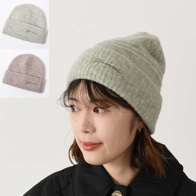 GANNI ガニー ニット帽 帽子 ビーニー ソフトウールビーニー A6063 A6061 レディース ライトグリーン ベージュ 刺繍 ロゴ 秋冬の通販は