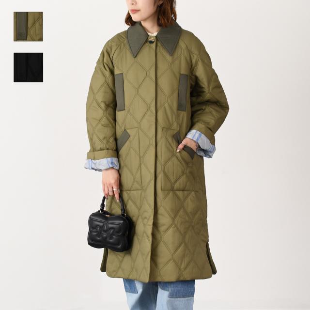 GANNI ガニー アウター ジャケット QUILT RAGLAN MIDI COAT F9206 F9624 レディース カーキ ブラック キルティング 襟 ボタン開閉