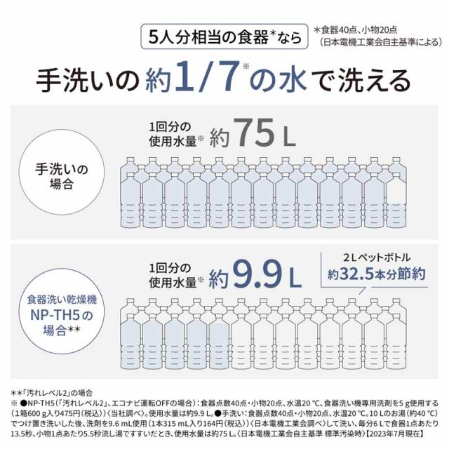 【5年間延長保証込】Panasonic パナソニック NP-TH5-W 食器洗い乾燥機 ホワイト 洗うと同時に除菌 80度すすぎで清潔