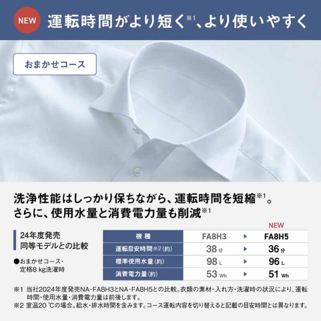 【5年間延長保証込】Panasonic パナソニック 洗濯機 8kg 縦型 全自動 FAシリーズ NA-FA8H5 W ホワイト「Aエリア限定配送」