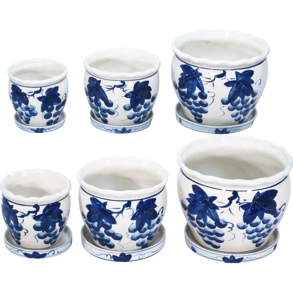 陶器植木鉢6点セット(受皿付) ブドウ柄 P03/3DSBB-2の通販は