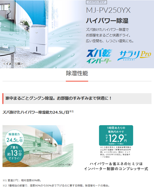 MITSUBISHI 三菱 MJ-PV250YX-W コンプレッサー式除湿機「サラリpro