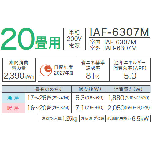 IRIS OHYAMA アイリスオーヤマ IAF-6307M フィルター自動清掃機能付エアコン「air will」エアウィル Mシリーズ 20畳 6.3kW【200V】