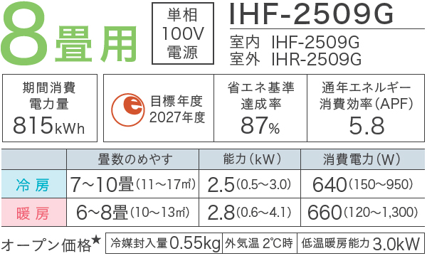 IRIS OHYAMA アイリスオーヤマ IHF-2509G 2025年モデル スタンダードエアコン Gシリーズ  8畳 2.5kw