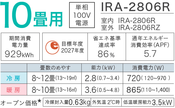 IRIS OHYAMA アイリスオーヤマ IRA-2806R 2025年モデル スタンダードエアコン Rシリーズ 2.8kw 10畳