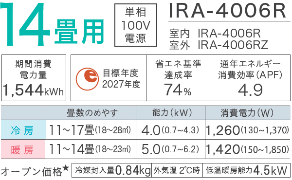 IRIS OHYAMA アイリスオーヤマ IRA-4006R 2025年モデル スタンダードエアコン Rシリーズ  4.0kw 14畳