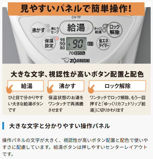 ZOJIRUSHI 象印 CV-TF22-WA(ホワイト) マイコン沸とう VE電気まほうびん 優湯生 2.2L