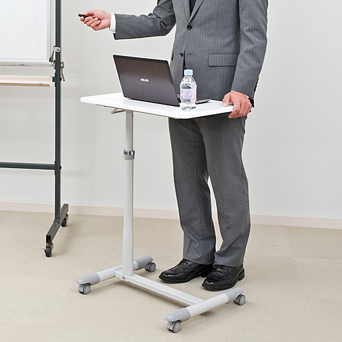 サイドテーブル ガス圧 高さ調整 70〜84cm キャスター付き ホワイト ベッド ソファ テーブル [100-DESK095W]_1