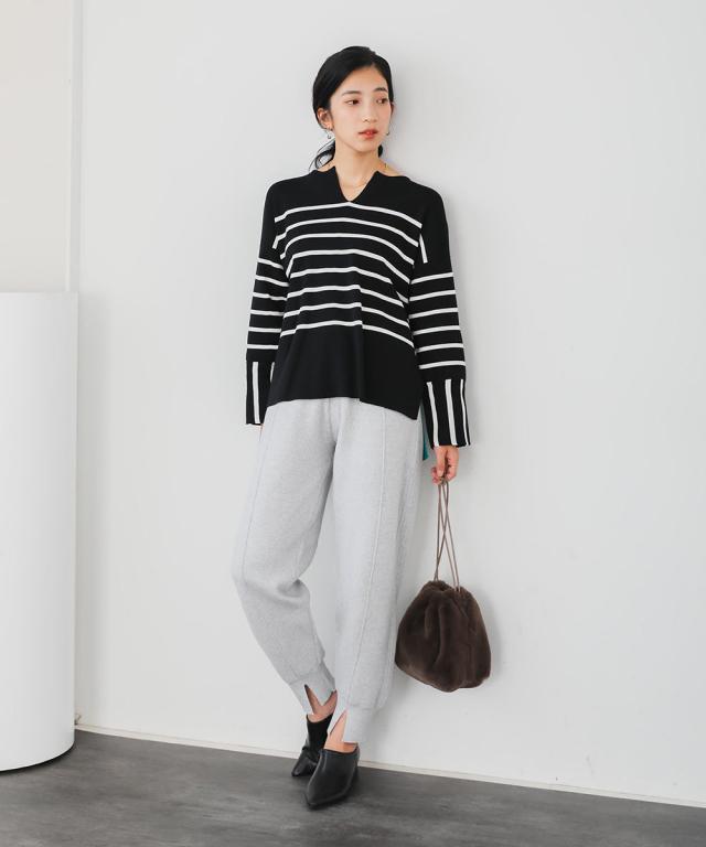 ボーダーバイカラープルオーバー BLACK-FREE レディース ボーダー シンプル 体型カバー Bou Jeloud ブージュルード