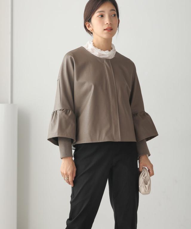 レザー フリル スリーブ レイヤード ジャケット MOCHA-FREE レディース 羽織り ポンチョ フェイクレザー クロップ丈 Bou Jeloud ブージュルードの通販は
