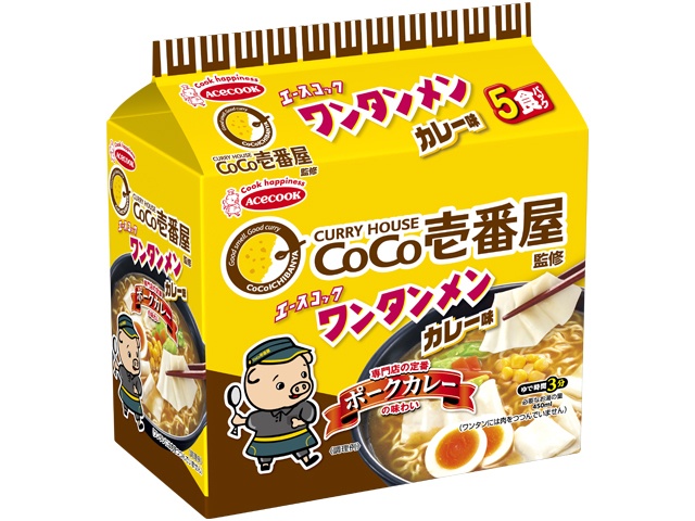 エース（袋）５食ワンタンメンココ壱監修カレー味 ×18 【全国送料無料】(一部地域別途)