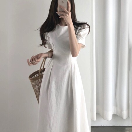 ワンピース ロングワンピース フレア 無地 パフスリーブ 半袖 美  