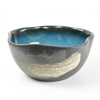 【睡蓮鉢 めだか鉢】信楽焼 青釉はけ目めだか鉢 花型 10号サイズ 幅29cm×14cmの通販は