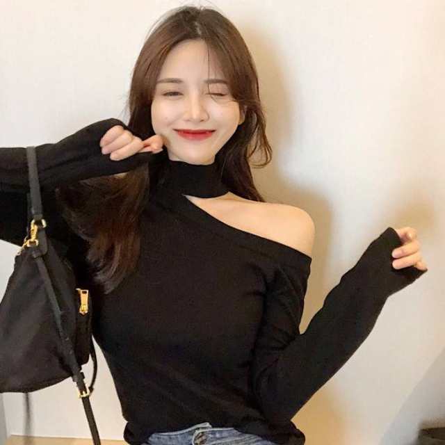 韓国 ファッション レディース トップス ロングTシャツ ロンT ワンショルダー ハイネック スリム 長袖 無地 セクシー 大人可愛い｜au PAY  マーケット