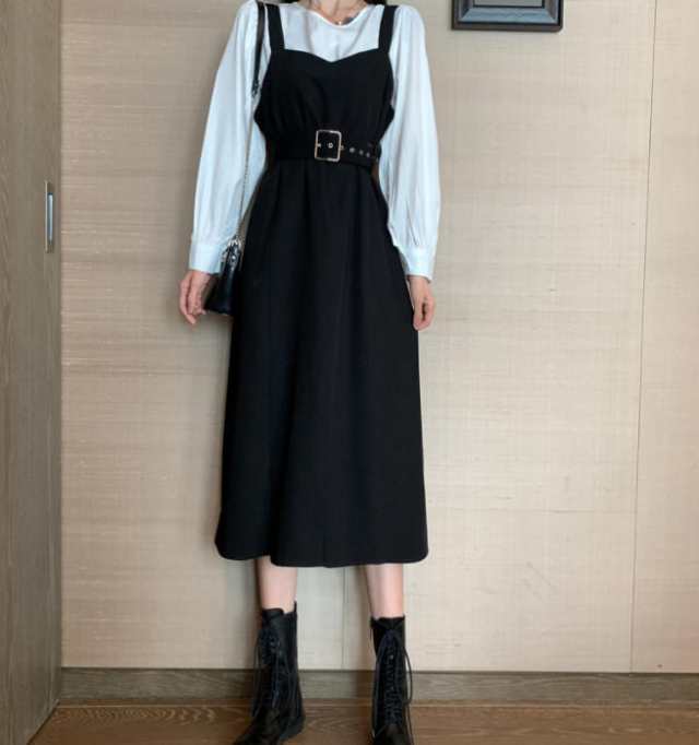 韓国 ファッション レディース ジャンパースカート ロング ミモレ丈