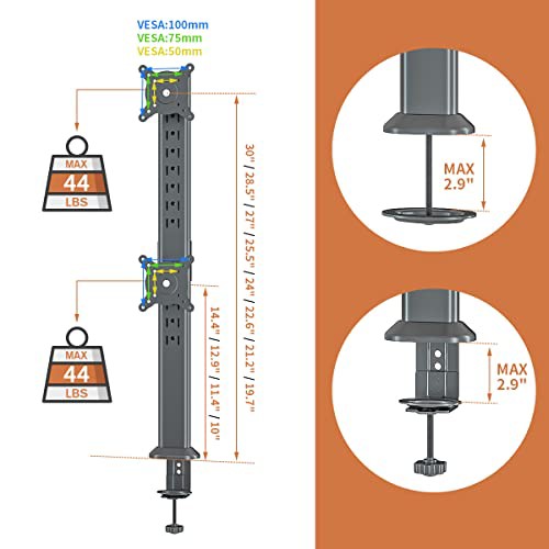 Dual Monitor Articulating Desk Mount Arm Stand - Vertical Stack Screen Supports Two 13 to 34 Inch Computer Monitors wit