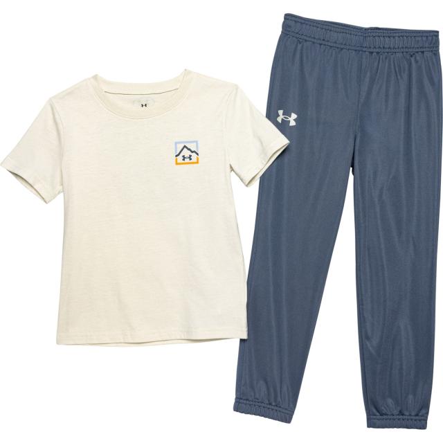 (取寄) アンダーアーマー リトル ボーイズ ロゴ マウンテン シャツ アンド パンツ セット - ショート スリーブ Under Armour Little Boys Logo Mountain Shirt and Pants Set - Short Sleeve White Clay And Downpour Grayの通販は