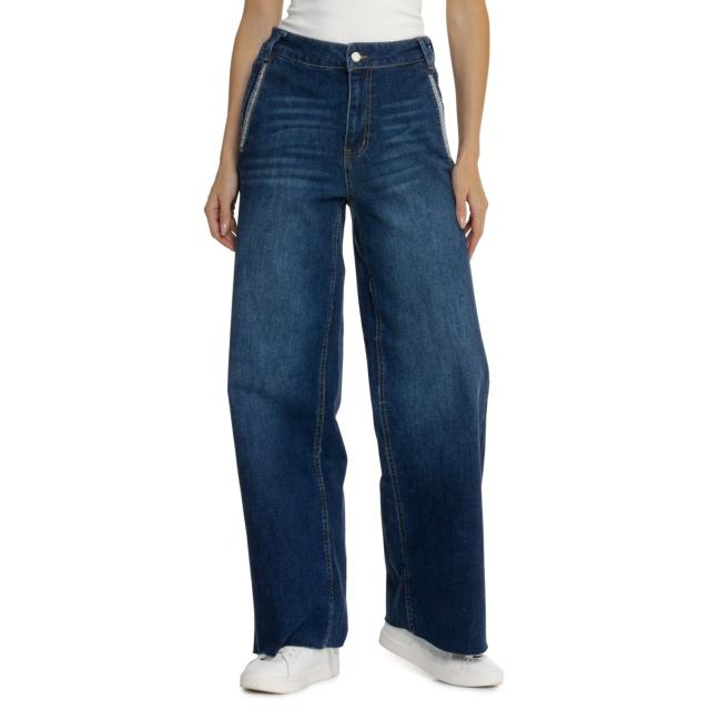 (取寄) オートニューヨーク ワイド-レッグ ラインストーン デニム ジーンズ - ハイ ライズ OAT NEW YORK Wide-Leg Unhemmed Rhinestone Denim Jeans - High Rise  Herri Dark