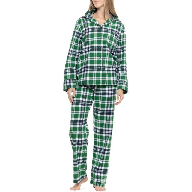 (取寄) ケイアンナ プリンテッド フランネル ノッチ カラー パジャマ - ロング スリーブ KayAnna Printed Flannel Notch Collar Pajamas - Long Sleeve  Green Plaid